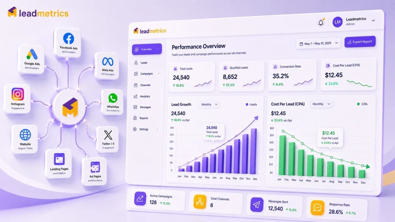 Leadmetrics AI CRM showing captured leads and their status